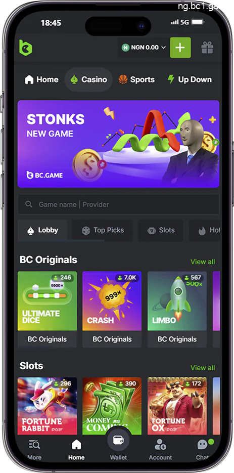 Screenshot of the Casino page of the BC.Game app