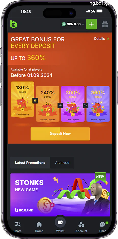 Screenshot of the Promotions page of the BC.Game app