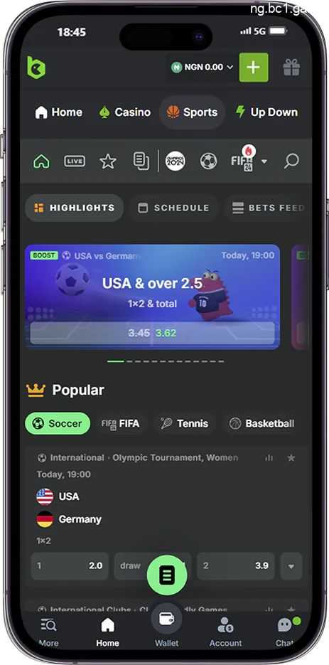 Screenshot of the sports betting page of the BC.Game app