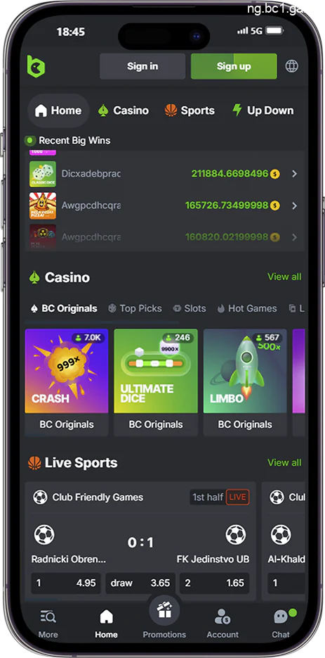 Screenshot of the main page of the BC.Game app