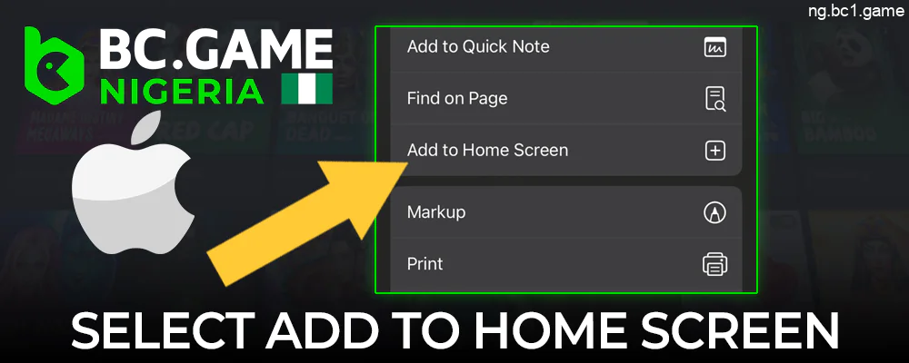 Select "Add to home screen" to add the BC.Game shortcut