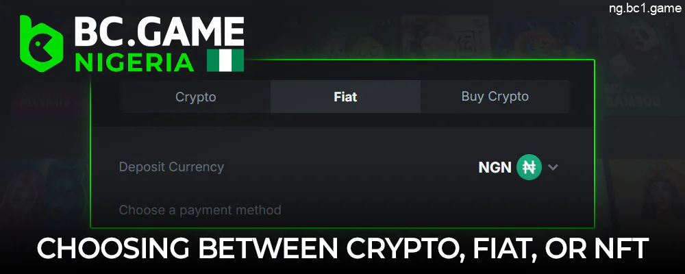 In the BC.Game payment menu, select deposit type: Crypto, Fiat, or NFT