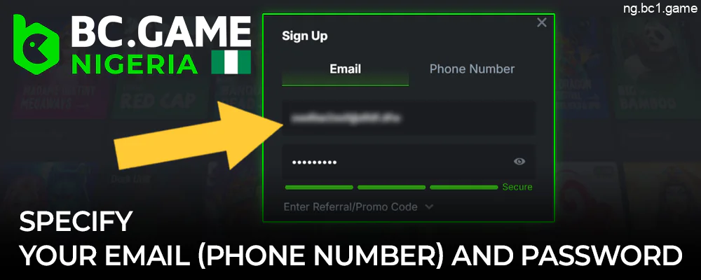 Enter your password and email to register on BC.Game