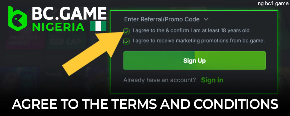 Agree to the BC.Game terms and conditions when registering