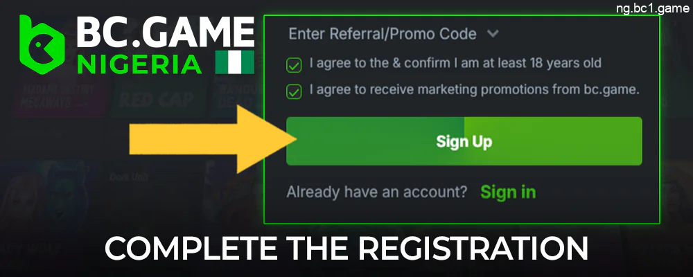 Confirm registration in BC.Game